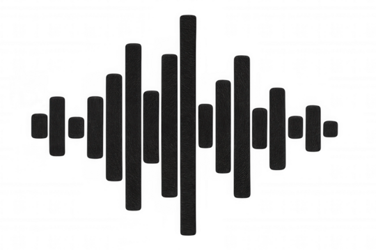 Black sound wave with furry texture representing audio spectrum waveform vibrating on transparent background