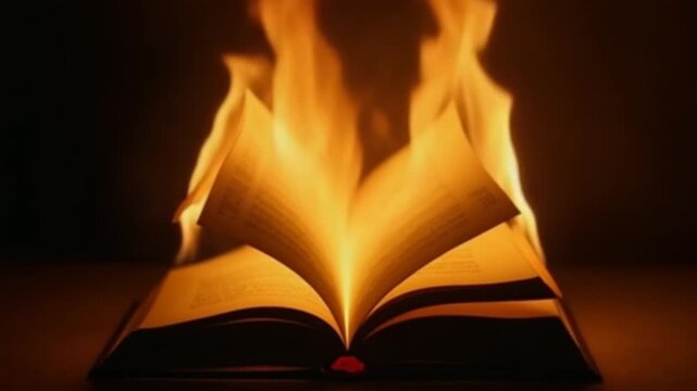 An open book is on fire. Big bright flame, burning paper on old publication in the dark. Book Burning - Censorship Concept, slow motion, close-up, 4K