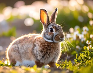 Fototapeta premium Adorable rabbit in sunlit meadow