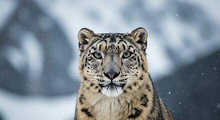 Fototapeta premium Majestic Snow Leopard Stares Through Falling Snow In A Pristine Mountain Landscape