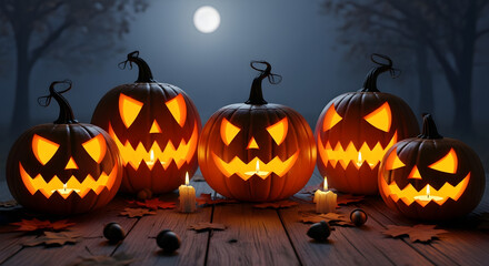 Enchanting Halloween Night Scene with Glowing Jack-o'-Lanterns Under the Moonlight