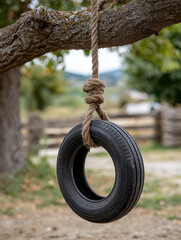 Naklejka premium A tire swing hanging from a tree branch outdoors.
