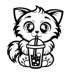 Outlined cartoon fox with big eyes holds a cup and enjoys bubble tea