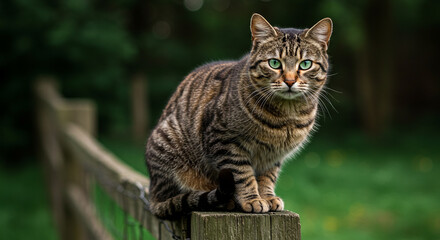 Captivating Tabby Cat with Emerald Eyes Perched on Rustic Fence Post, Blurry Green Background