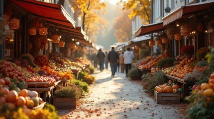 Vibrant outdoor autumn market with colorful fresh vegetables, pumpkins, and rustic wooden stalls under warm gentle sunlight.
