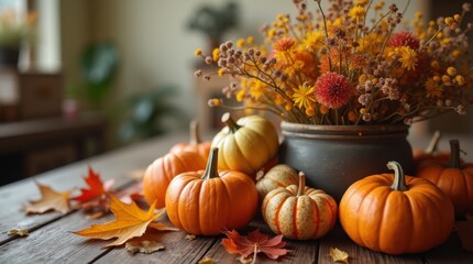 Rustic autumn composition featuring orange pumpkins and delicate dried flowers, bathed in warm natural light evoking cozy fall vibes.
