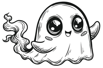 Outlined cartoon ghost floats cheerfully with big eyes and smoke trailing behind it
