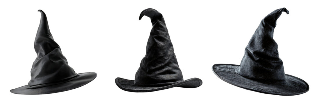 Set of a different Halloween witch hats, isolated on a transparent background.