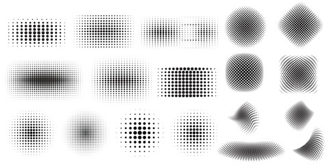 Abstract halftone dot patterns and distorted grids for graphic design textures white background