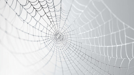 Obraz premium A delicate spider web appears clearly on a clean white isolated background, showing its fine threads and symmetrical natural structure.