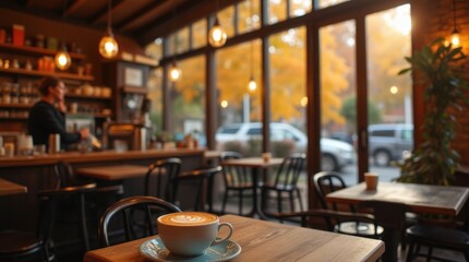Fototapeta premium A warm and inviting cafe scene showcasing a barista crafting detailed latte art under soft glowing lamps near large crystal-clear windows with autumn leaves visible outside. 