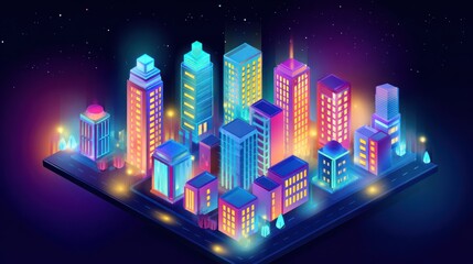 Fototapeta premium Futuristic cyberpunk night cityscape illustration - Vibrant Neon Isometric Cityscape at Night with Futuristic Aesthetic. showcasing neon skyscrapers, glowing lights, atmospheric fog, and immersive