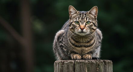 Majestic Tabby Cat with Piercing Green Eyes Sits Alertly on Weathered Wooden Post