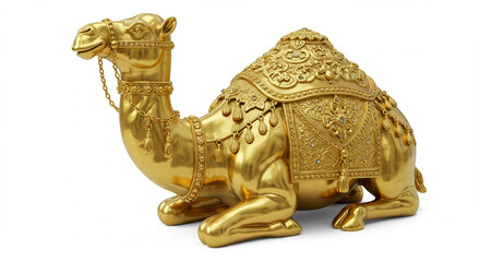 Exquisite Golden Camel Sculpture, Lavishly Adorned with Intricate Jewels, Ornate Saddle, and Tassels on White.