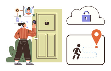 Woman uses facial recognition on smart door, linked with a cloud padlock and navigation concept. Ideal for tech, security, innovation, smart technology, home automation, privacy, flat metaphor