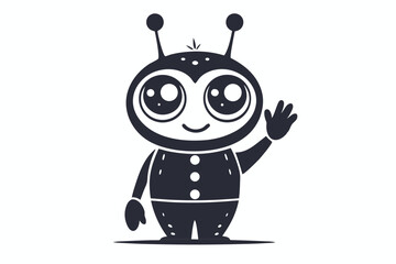 Outline illustration presents a cute and cheerful alien waving, exhibiting cartoonish features and playful design