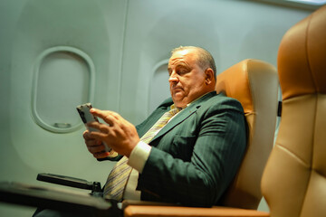 Chubby white man traveling by air, seated at window with smartphone in hand. Perfect for aviation...