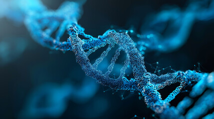 A glowing blue DNA helix spirals against a high-tech science-themed background, symbolizing genetics and molecular biology.
