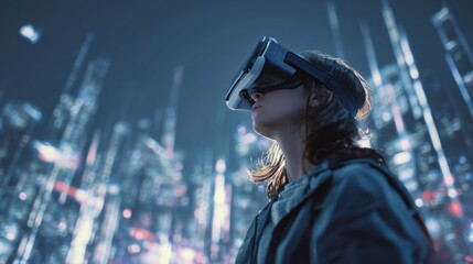 Person wearing a virtual reality headset in a futuristic digital cityscape