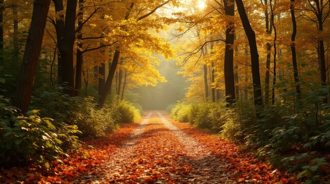 Tranquil woodland path covered in dense yellow and red leaves, dappled sunlight shining through lush tree canopy.
