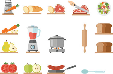 Flat vector cooking and kitchen icon set, including vegetables, fruits, bread, utensils, meat, blender, pan, grater, and food preparation elements