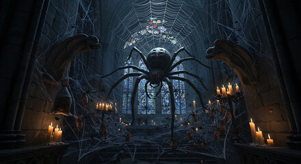 Gothic Cathedral Interior With Giant Spider And Candlelit Cobwebs