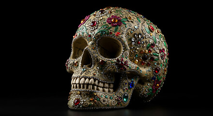 Decorated Sugar Skull With Colorful Gem Embellishments For Day Of The Dead Display