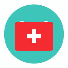 Obraz premium A flat design icon depicting a red first aid kit with a white cross on a teal circular background.