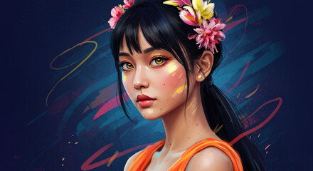 Floral Crown Asian Woman Portrait, Vibrant Digital Art