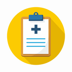 Obraz premium A flat design icon depicting a medical clipboard with a health cross symbol and lines on a bright yellow circular background.