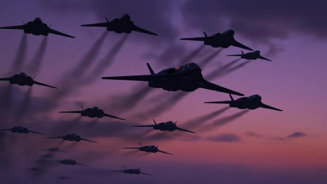 Military jets flying formation against sunset sky