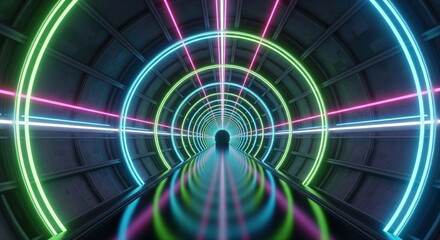 Neon-lit futuristic tunnel with concentric circles & radiating lines in green, blue, pink hues creating hypnotic perspective. Glowing techno vibe. AI Generated