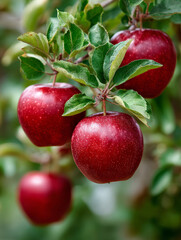 Red apples hanging from a branch with green leaves.