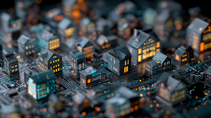 A futuristic concept of digital homes illustrated on a circuit board, symbolizing smart living and technology integration.
