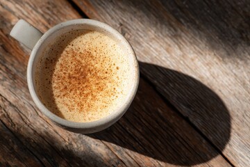A steaming cup of coffee sits on a rustic wooden table, with soft shadows enhancing the scene