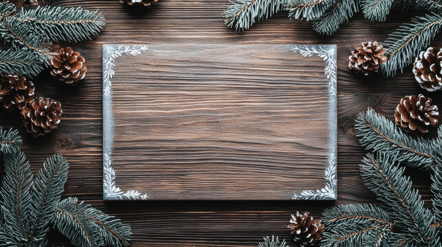 Rustic wood board frosted garland winter pine holiday decor blank sign cozy natural festive - Powered by Adobe
