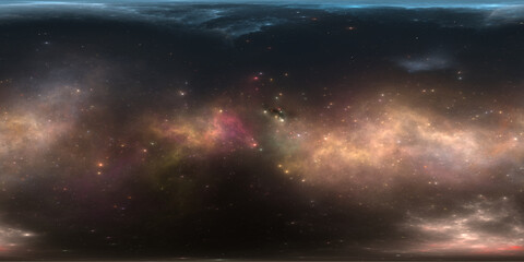 360 degree space nebula. Giant interstellar cloud with stars, equirectangular projection, environment map. Spherical panorama. 3D rendering, Fractal image