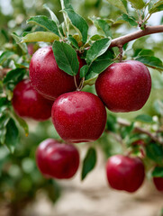 Ripe red apples on a tree branch in a lush green orchard.