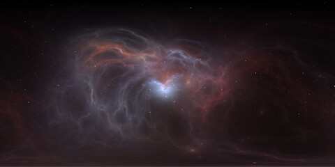 360 degree space nebula. Giant interstellar cloud with stars, equirectangular projection, environment map. Spherical panorama. 3D rendering, Fractal image