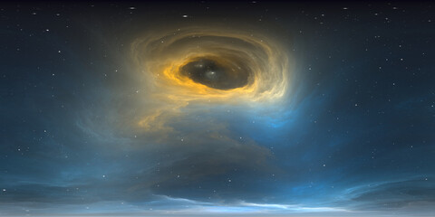 360 degree space nebula. Giant interstellar cloud with stars, equirectangular projection, environment map. Spherical panorama. 3D rendering, Fractal image