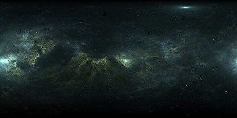 360 degree space nebula. Giant interstellar cloud with stars, equirectangular projection, environment map. Spherical panorama. 3D rendering, Fractal image