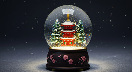 Japanese Pagoda Snow Globe with Cherry Blossom Base, Winter Wonderland Scene.