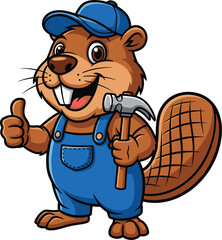 Cartoon beaver mascot in blue overalls holding hammer and giving thumbs up, cute construction animal vector character illustration art