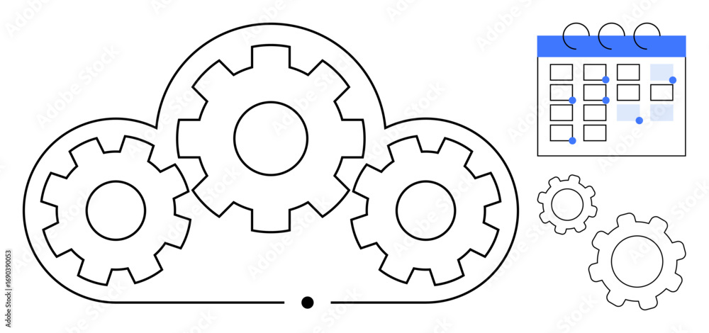 Poster cloud with interlocking gears symbolizes automation and workflow optimization, paired with a calenda