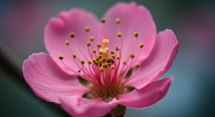 Exquisite Pink Blossom Macro: Golden Stamens Emerge from Delicate Petals, Soft Bokeh Background
