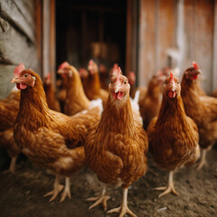 Fototapeta premium A flock of brown hens pecks and strolls together, illustrating farm life, natural behavior, and rural charm in daylight.