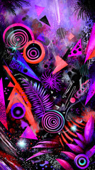 pop art background blending geometric diamonds, circles, and starburst shapes in vivid tones