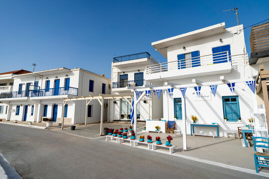 Greece, Elafonisos, - 2 April 2024 - View of the characteristic architecture of the buildings on the island of Elafonisos in Greece