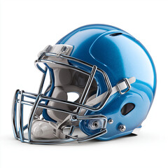 Fototapeta premium A blue football helmet with a protective faceguard, isolated on a clean white background. 
