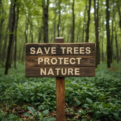 Eco Concept Photography of Forest Conservation with Wooden Sign Reading Save Trees, Protect Nature, and Climate Future